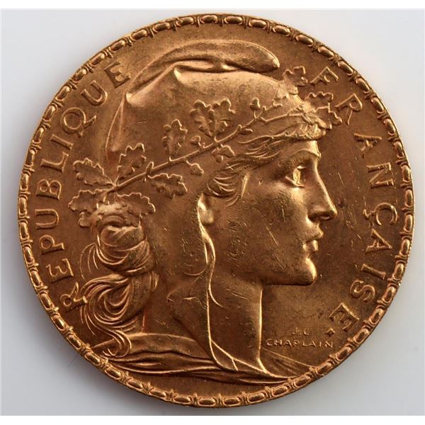 1908 FRENCH 20 FRANCS GOLD COIN UNC