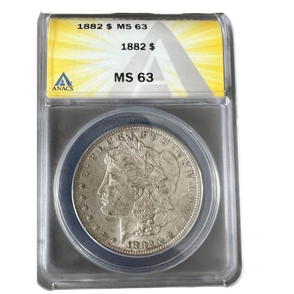 1882 Morgan silver dollar MS 63 graded coin ANACS authenticated