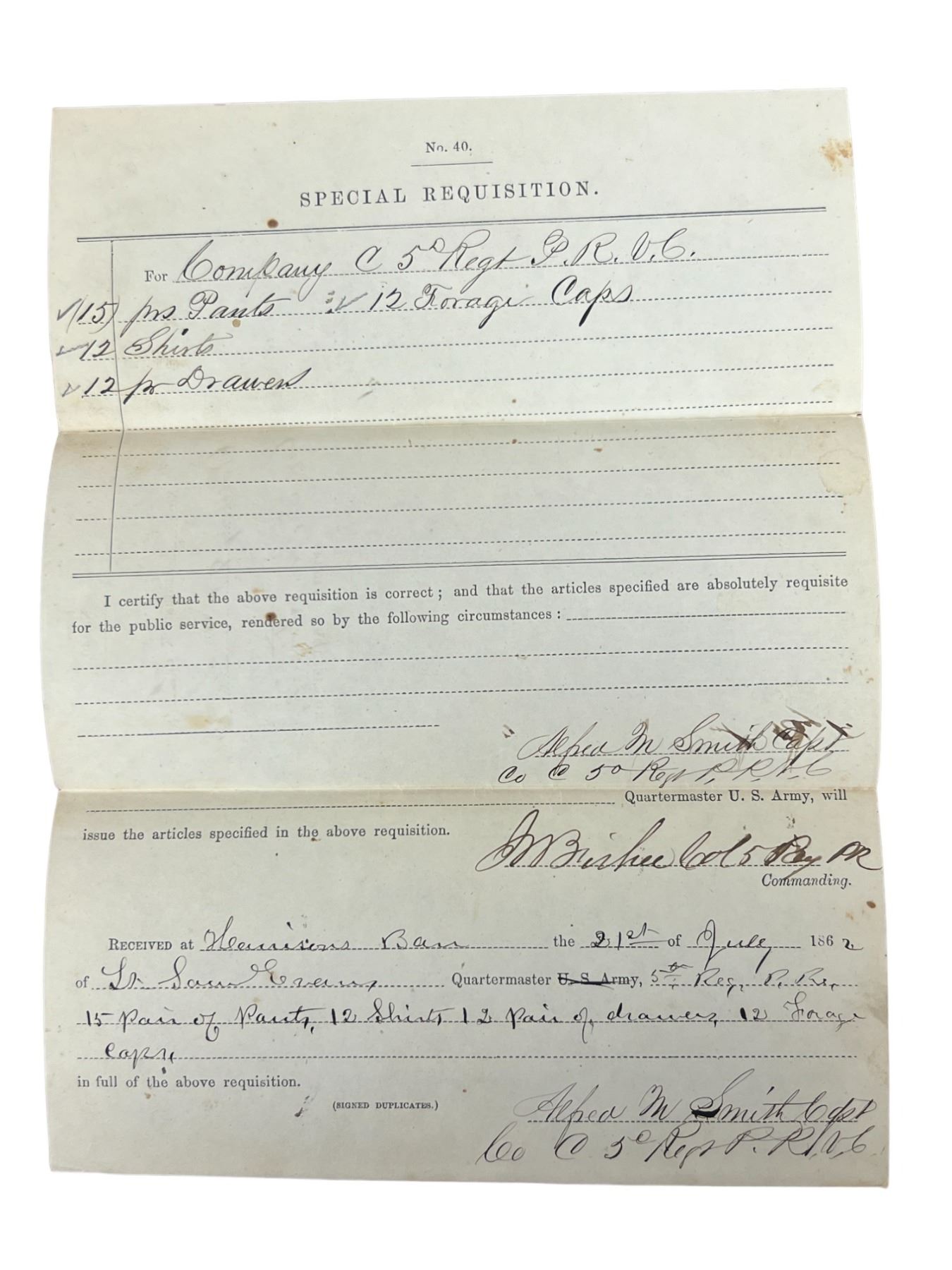 US Civil War 1862 food ration receipt document