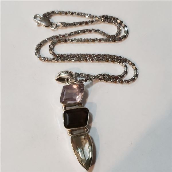 SILVER AMETHYST SMOKEY QUARTZ  NECKLACE (LENGTH 20INCHES) (WEIGHT 11.26G) TO $138)