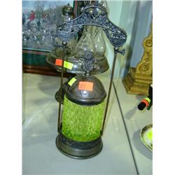 GREEN GLASS PICKLE CANISTER WITH TONGS