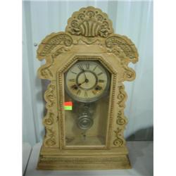 ANSONIA WOODEN MANTLE CLOCK; SPLITS IN WOOD; WITH KEY