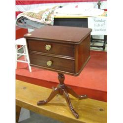 MAHOGANY SEWING CABINET WITH SPIN AROUND DRAW FOR THREAD OVER SINGLE DRAW
