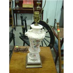 CERAMIC WITH BRASS BASE TABLE LAMP; PAINTED WITH FLOWERS