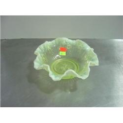 FENTON YELLOW VASELINE AND WHITE OPALESCENT RUFFLED BOWL WITH ROSES