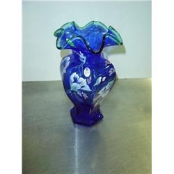 FENTON COBALT BLUE PAINTED 75TH YEAR VASE NOV 13TH 1998