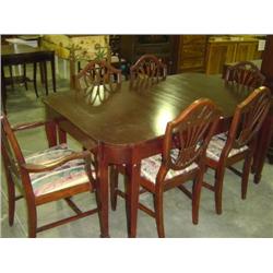 MAHOGANY TABLE; 6 SHIELD BACK CHAIRS; DAMAGE ON BACK OF ONE CHAIR