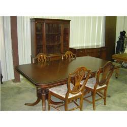 7-PC DINING ROOM SUITE; BASSET FURNITURE CO.; TABLE; 4 CHAIRS; CHINA; SIDEBOARD; SHOWS WEAR THROUGHO