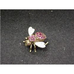 WINGED INSECT(BEE OR FLY?) BROOCH 12 DIAMONDS; 18K GOLD; LOTS OF RUBIES; 11G