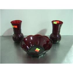 LOT OF 3 RUBY; 2-VASES AND BOWL