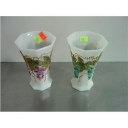LOT OF 2 MILK GLASS PAINTED GRAPE VASES