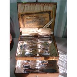 OAK SILVER CHEST WITH PLATED FLATWARE; SOME ROGERS