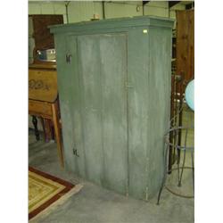 GREEN PAINTED SINGLE DOOR PANTRY CABINET; SOFT WOOD