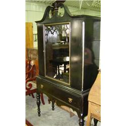 FLAT WALL CHINA CUPBOARD PAINTED BLACK WITH GOLD TRIM; NEEDS SHELVES