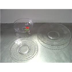 LOT OF 3; 3-FOOTED ETCHED BOWL; SAUCER; AND PLATE