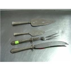 LOT OF 4; KNIFE AND FORK SET AND 2 CAKE SERVERS WITH STERLING HANDLES