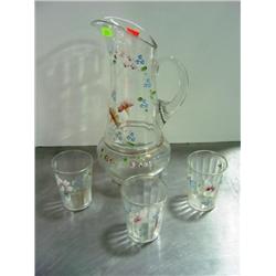 4-PIECE ENAMEL PAINTED WATER SET; PITCHER AND 3 TUMBLERS