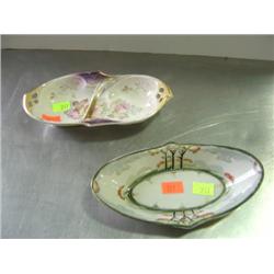 LOT OF 2 PAINTED VEGETABLE DISHES, 1-MARKED GERMANY