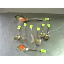 LOT OF 8 SPOONS, FORK AND BUTTER KNIFE; SOME STERLING