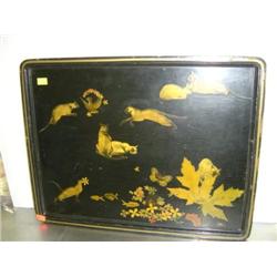 WOODEN SERVING TRAY; SCENES OF CATS, BUTTERFLIES
