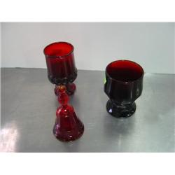 LOT OF 3 RUBY RED GLASS; BELL AND 2 GLASSES