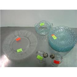 GROUP OF 7-SAUCERS; 1- CUP; 2- ETCHED PLATES; 2- SALT n PEPPERS SHAKERS