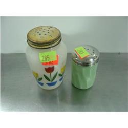 LOT OF 2 SHAKERS; JADEITE GREEN AND PAINTED TULIPS