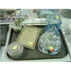 TRAY LOT OF GLASSWARE AND PICTURE FRAMES