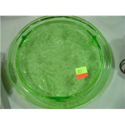GREEN GLASS CAKE STAND WITH SUNFLOWER PATTERN