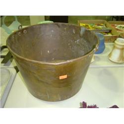 BRASS BUCKET; NO HANDLE; HAS BEEN REPAIRED