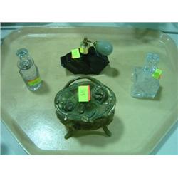LOT OF 4; PERFUME BOTTLES AND RING DISH