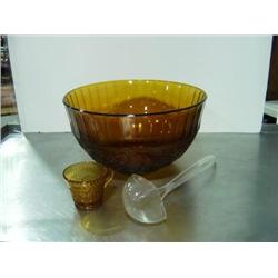 PUNCH BOWL; CUPS IN AMBER GLASS WITH PLASTIC LADLE; TIARA EXCLUSIVE