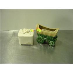 LOT OF 2; COVERED WAGON PLANTER AND COVERED JAR WITH 3 ASHTRAYS