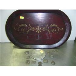WOODEN TRAY AND 10 MINIATURE TIN CANDY MOLDS