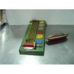 LOT OF 2; METAL BOAT AND GEE-WIZ RACE HORSE TOY