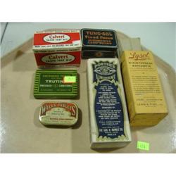 LOT OF 6 ADVERTISEMENT TINS AND BOTTLES