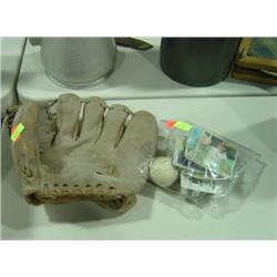 OLD BASEBALL GLOVE AND BAG OF BASEBALL CARDS
