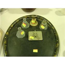 METAL TRAY WITH 3 GLASS INKWELL BOTTLE; BRASS BELL; SCOTTIE DOG BOX TOP