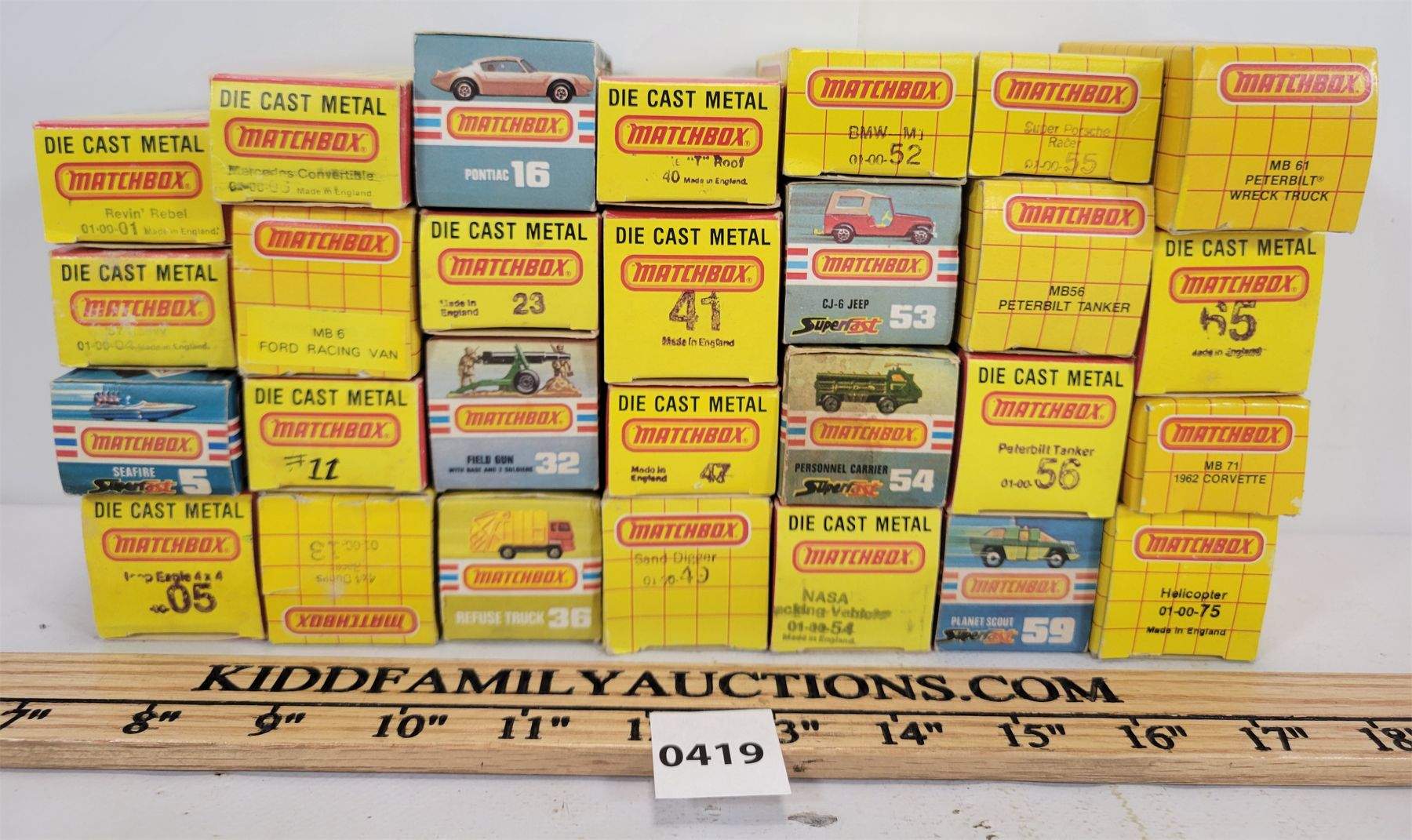 LOT OF 28 - MATCHBOX CAR BOXES - INCL SUPER PORSCHE RACER & CJ-6 JEEP, ETC.