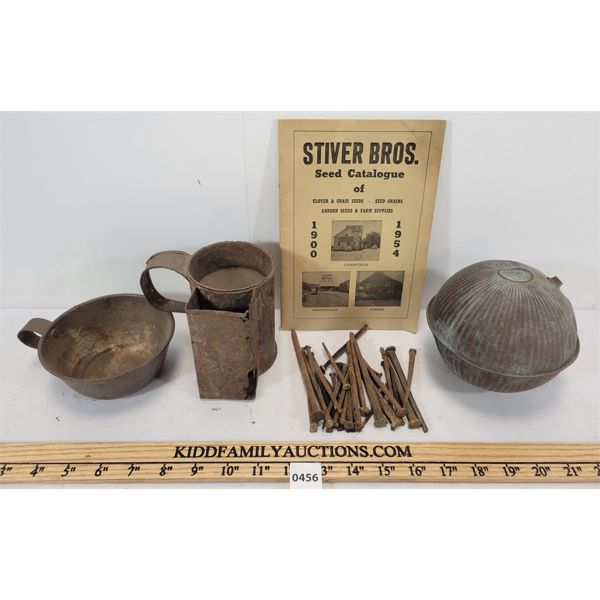 LOT OF 5 - 1954 STIVER BROS SEED CATALOGUE, QTY OF SQUARE NAILS, ETC