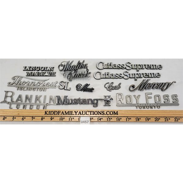 LOT OF 13 - CAR EMBLEM LOGOS - INCL MALIBU CLASSIC, CUTLASS SUPREME & LINCOLN, ETC.