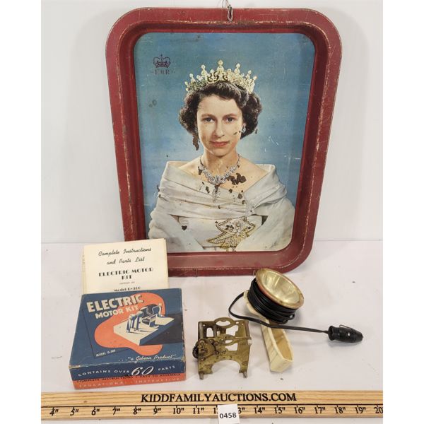 LOT OF 3 - HANDHELD SPOTLIGHT, ELECTRIC MOTOR KIT & METAL SERVING TRAY