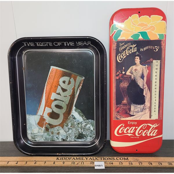 LOT OF 2 - 1981 COCA-COLA THERMOMETER & SERVING TRAY 