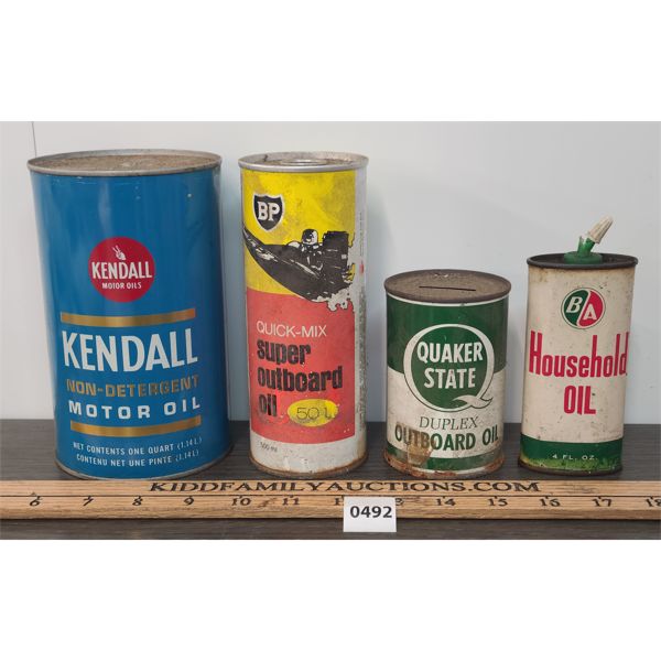 LOT OF 4 - KENDALL ONE QT MOTOR OIL - BP OUTBOARD OIL & HOUSEHOLD OIL CANS ETC