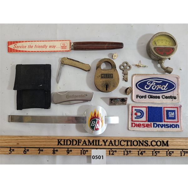 LOT OF 11 - WHITE ROSE BLADE, FORD & GM PATCHES, B/A FIRE EXTINGUISHER INDENTIFIER, MILLER LOCK, ETC