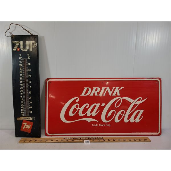 LOT OF 2 - 7UP THERMOMETER & DRINK COCA-COLA SIGN