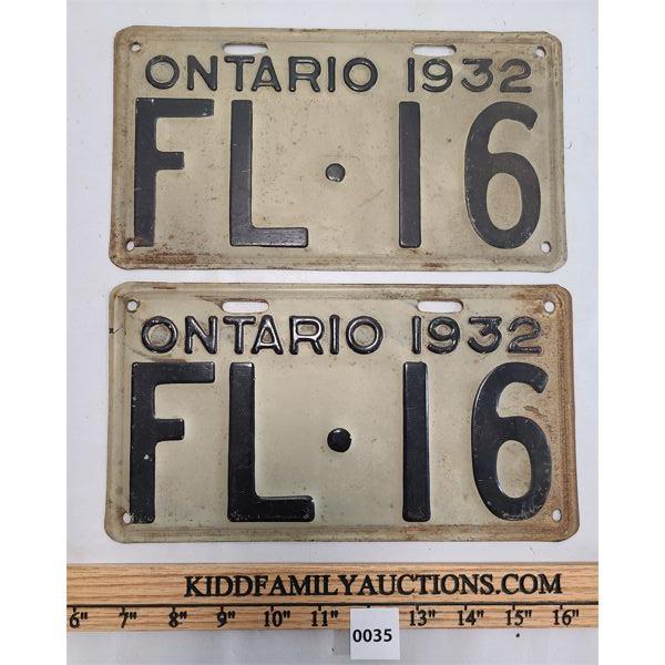 PAIR OF 1932 ONTARIO LICENSE PLATES