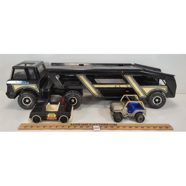 LOT OF 3 - TONKA CAR TRANSPORTER W/ TONKA JEEP & FISHER PRICE POLICE CAR