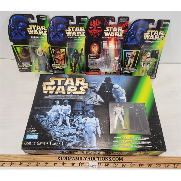 LOT OF 5 - STAR WARS ACTION FIGURES & BOARD GAME - INCL SANDTROOPER, GASGANO & BIB FORTUNA, ETC.
