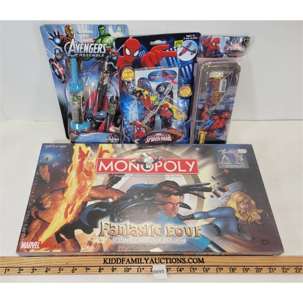 LOT OF 4 - FANTASTIC FOUR MONOPOLY GAME & SPIDERMAN GLIDERS, ETC. 